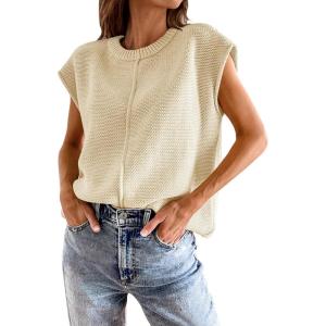 imageATHMILE Womens Cap Sleeve Tops Casual Crew Neck Loose Fit Knit Lightweight Sweater Pullover Summer Outfits Fashion VestApricot