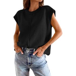imageATHMILE Womens Cap Sleeve Tops Casual Crew Neck Loose Fit Knit Lightweight Sweater Pullover Summer Outfits Fashion VestBlack