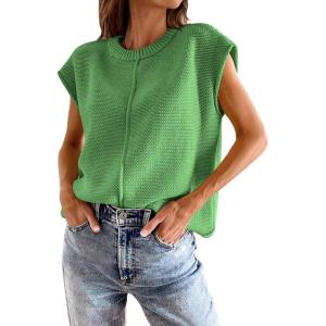 imageATHMILE Womens Cap Sleeve Tops Casual Crew Neck Loose Fit Knit Lightweight Sweater Pullover Summer Outfits Fashion VestGreen