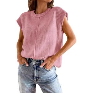 imageATHMILE Womens Cap Sleeve Tops Casual Crew Neck Loose Fit Knit Lightweight Sweater Pullover Summer Outfits Fashion VestPink