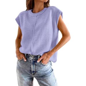 imageATHMILE Womens Cap Sleeve Tops Casual Crew Neck Loose Fit Knit Lightweight Sweater Pullover Summer Outfits Fashion VestPurple