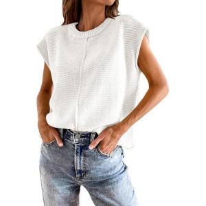 imageATHMILE Womens Cap Sleeve Tops Casual Crew Neck Loose Fit Knit Lightweight Sweater Pullover Summer Outfits Fashion VestWhite