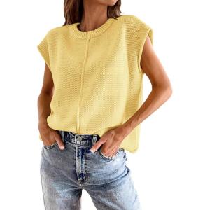 imageATHMILE Womens Cap Sleeve Tops Casual Crew Neck Loose Fit Knit Lightweight Sweater Pullover Summer Outfits Fashion VestYellow
