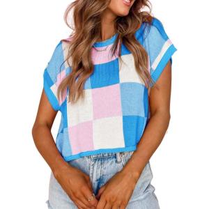 imageATHMILE Womens Cap Sleeve Tops Color Block Crop Sweater Going Out Crew Neck Knit Shirts Business Casual OutfitsBlue