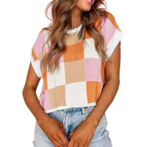 imageATHMILE Womens Cap Sleeve Tops Color Block Crop Sweater Going Out Crew Neck Knit Shirts Business Casual OutfitsOrange