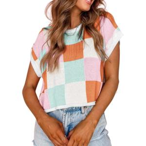imageATHMILE Womens Cap Sleeve Tops Color Block Crop Sweater Going Out Crew Neck Knit Shirts Business Casual OutfitsPink