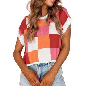 imageATHMILE Womens Cap Sleeve Tops Color Block Crop Sweater Going Out Crew Neck Knit Shirts Business Casual OutfitsRed