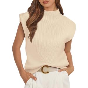imageATHMILE Womens Mock Neck Sleeveless Vest Casual Cap Sleeve Knit Lightweight Sweater Pullover Tops 2025Apricot