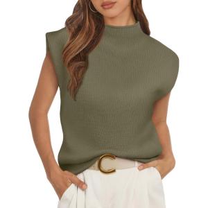 imageATHMILE Womens Mock Neck Sleeveless Vest Casual Cap Sleeve Knit Lightweight Sweater Pullover Tops 2025Army Green