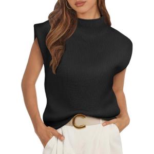 imageATHMILE Womens Mock Neck Sleeveless Vest Casual Cap Sleeve Knit Lightweight Sweater Pullover Tops 2025Black