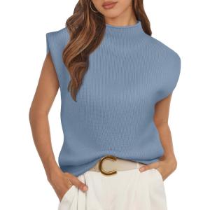 imageATHMILE Womens Mock Neck Sleeveless Vest Casual Cap Sleeve Knit Lightweight Sweater Pullover Tops 2025Blue
