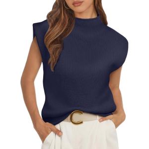 imageATHMILE Womens Mock Neck Sleeveless Vest Casual Cap Sleeve Knit Lightweight Sweater Pullover Tops 2025Dark Blue