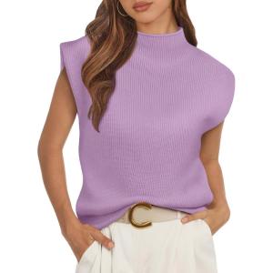 imageATHMILE Womens Mock Neck Sleeveless Vest Casual Cap Sleeve Knit Lightweight Sweater Pullover Tops 2025Purple