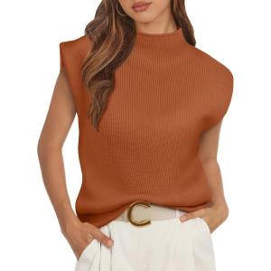 imageATHMILE Womens Mock Neck Sleeveless Vest Casual Cap Sleeve Knit Lightweight Sweater Pullover Tops 2025Rust