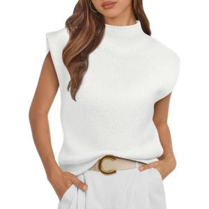 imageATHMILE Womens Mock Neck Sleeveless Vest Casual Cap Sleeve Knit Lightweight Sweater Pullover Tops 2025White
