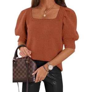 imageATHMILE Womens Puff Short Sleeve Sweater Tops 2025 Spring Summer Trendy SquareV Neck Casual T Shirts BlousesAorange