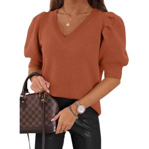 imageATHMILE Womens Puff Short Sleeve Sweater Tops 2025 Spring Summer Trendy SquareV Neck Casual T Shirts BlousesBorange