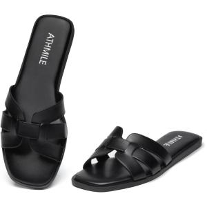 imageATHMILE Womens Sandals Dressy Summer Flat Beach Comfortable Cute Sandals for Women Slides Casual Dress Sandal 2024 Size 611Black