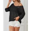 imageATHMILE Womens 2025 Spring Summer Crochet Hollow Out 34 Sleeve Pullover Sweater Off Shoulder TShirtsBlack