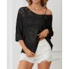 imageATHMILE Womens 2025 Spring Summer Crochet Hollow Out 34 Sleeve Pullover Sweater Off Shoulder TShirtsBlack