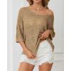 imageATHMILE Womens 2025 Spring Summer Crochet Hollow Out 34 Sleeve Pullover Sweater Off Shoulder TShirtsCamel