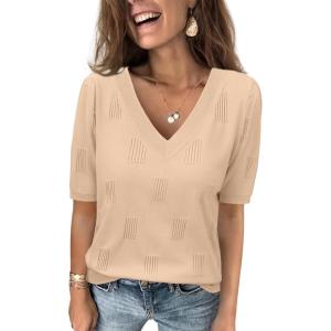 imageATHMILE Summer Tops for Women 2025 Short Sleeve V Neck Sweaters Dressy Casual Blouses Lightweight Thin Knit Fashion ShirtsApricot