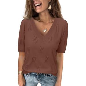 imageATHMILE Summer Tops for Women 2025 Short Sleeve V Neck Sweaters Dressy Casual Blouses Lightweight Thin Knit Fashion ShirtsDusty Rose