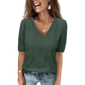 imageATHMILE Summer Tops for Women 2025 Short Sleeve V Neck Sweaters Dressy Casual Blouses Lightweight Thin Knit Fashion ShirtsGrey Green