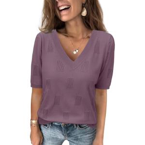 imageATHMILE Summer Tops for Women 2025 Short Sleeve V Neck Sweaters Dressy Casual Blouses Lightweight Thin Knit Fashion ShirtsGrey Purple
