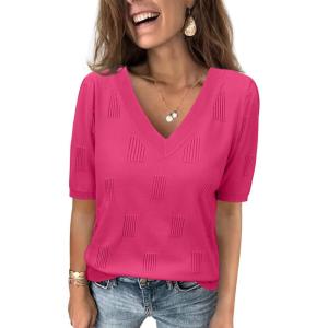 imageATHMILE Summer Tops for Women 2025 Short Sleeve V Neck Sweaters Dressy Casual Blouses Lightweight Thin Knit Fashion ShirtsHot Pink
