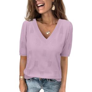imageATHMILE Summer Tops for Women 2025 Short Sleeve V Neck Sweaters Dressy Casual Blouses Lightweight Thin Knit Fashion ShirtsLight Purple