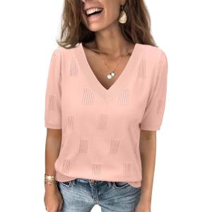 imageATHMILE Summer Tops for Women 2025 Short Sleeve V Neck Sweaters Dressy Casual Blouses Lightweight Thin Knit Fashion ShirtsPink