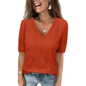 imageATHMILE Summer Tops for Women 2025 Short Sleeve V Neck Sweaters Dressy Casual Blouses Lightweight Thin Knit Fashion ShirtsRust
