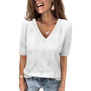 imageATHMILE Summer Tops for Women 2025 Short Sleeve V Neck Sweaters Dressy Casual Blouses Lightweight Thin Knit Fashion ShirtsWhite