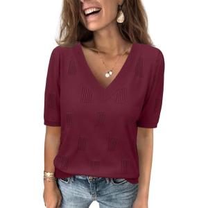 imageATHMILE Summer Tops for Women 2025 Short Sleeve V Neck Sweaters Dressy Casual Blouses Lightweight Thin Knit Fashion ShirtsWine
