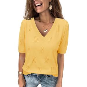 imageATHMILE Summer Tops for Women 2025 Short Sleeve V Neck Sweaters Dressy Casual Blouses Lightweight Thin Knit Fashion ShirtsYellow