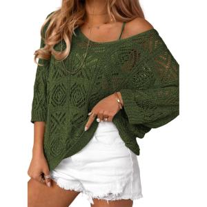 imageATHMILE Womens 2025 Spring Summer Crochet Hollow Out 34 Sleeve Pullover Sweater Off Shoulder TShirtsArmy Green
