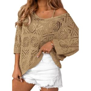 imageATHMILE Womens 2025 Spring Summer Crochet Hollow Out 34 Sleeve Pullover Sweater Off Shoulder TShirtsCamel