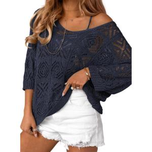 imageATHMILE Womens 2025 Spring Summer Crochet Hollow Out 34 Sleeve Pullover Sweater Off Shoulder TShirtsNavy Blue