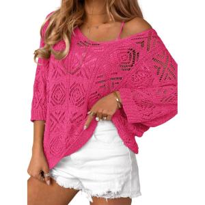 imageATHMILE Womens 2025 Spring Summer Crochet Hollow Out 34 Sleeve Pullover Sweater Off Shoulder TShirtsRose Red