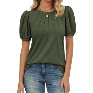 imageATHMILE Womens Cute Summer Tops Puff Short Sleeve Shirts Dressy Blouses Trendy Business Casual OutfitsArmygreen