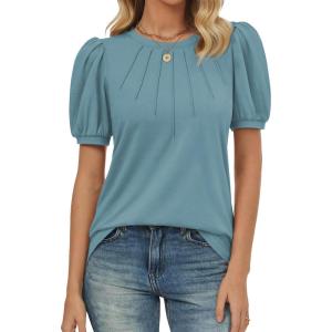 imageATHMILE Womens Cute Summer Tops Puff Short Sleeve Shirts Dressy Blouses Trendy Business Casual OutfitsBlue Green