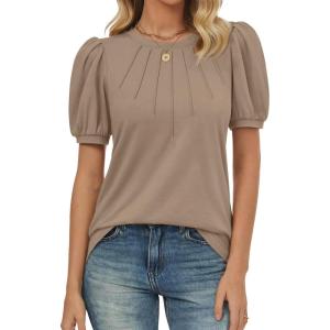 imageATHMILE Womens Cute Summer Tops Puff Short Sleeve Shirts Dressy Blouses Trendy Business Casual OutfitsKhaki