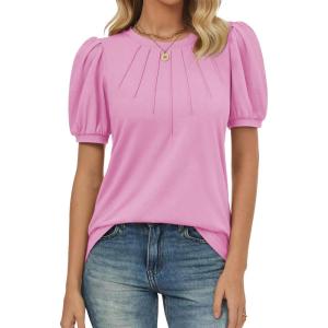 imageATHMILE Womens Cute Summer Tops Puff Short Sleeve Shirts Dressy Blouses Trendy Business Casual OutfitsPink
