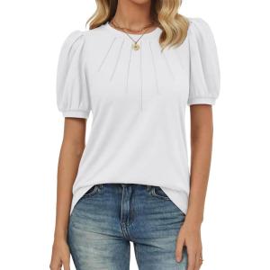 imageATHMILE Womens Cute Summer Tops Puff Short Sleeve Shirts Dressy Blouses Trendy Business Casual OutfitsWhite
