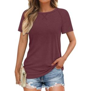 imageATHMILE Womens Tops Crewneck Short Sleeve Tees Trendy Lightweight Soft Casual Summer T Shirts 2025Wine Red