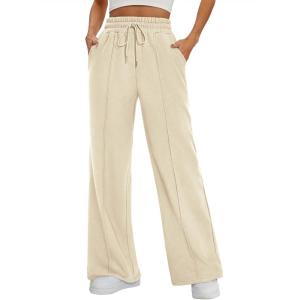 imageATHMILE Womens Wide Leg Sweatpants High Waisted Baggy Pants Fashion Teen Girl Drawstring Athletic JoggersApricot