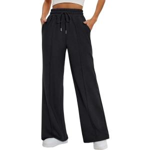imageATHMILE Womens Wide Leg Sweatpants High Waisted Baggy Pants Fashion Teen Girl Drawstring Athletic JoggersBlack