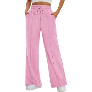 imageATHMILE Womens Wide Leg Sweatpants High Waisted Baggy Pants Fashion Teen Girl Drawstring Athletic JoggersPink