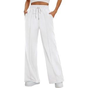 imageATHMILE Womens Wide Leg Sweatpants High Waisted Baggy Pants Fashion Teen Girl Drawstring Athletic JoggersWhite
